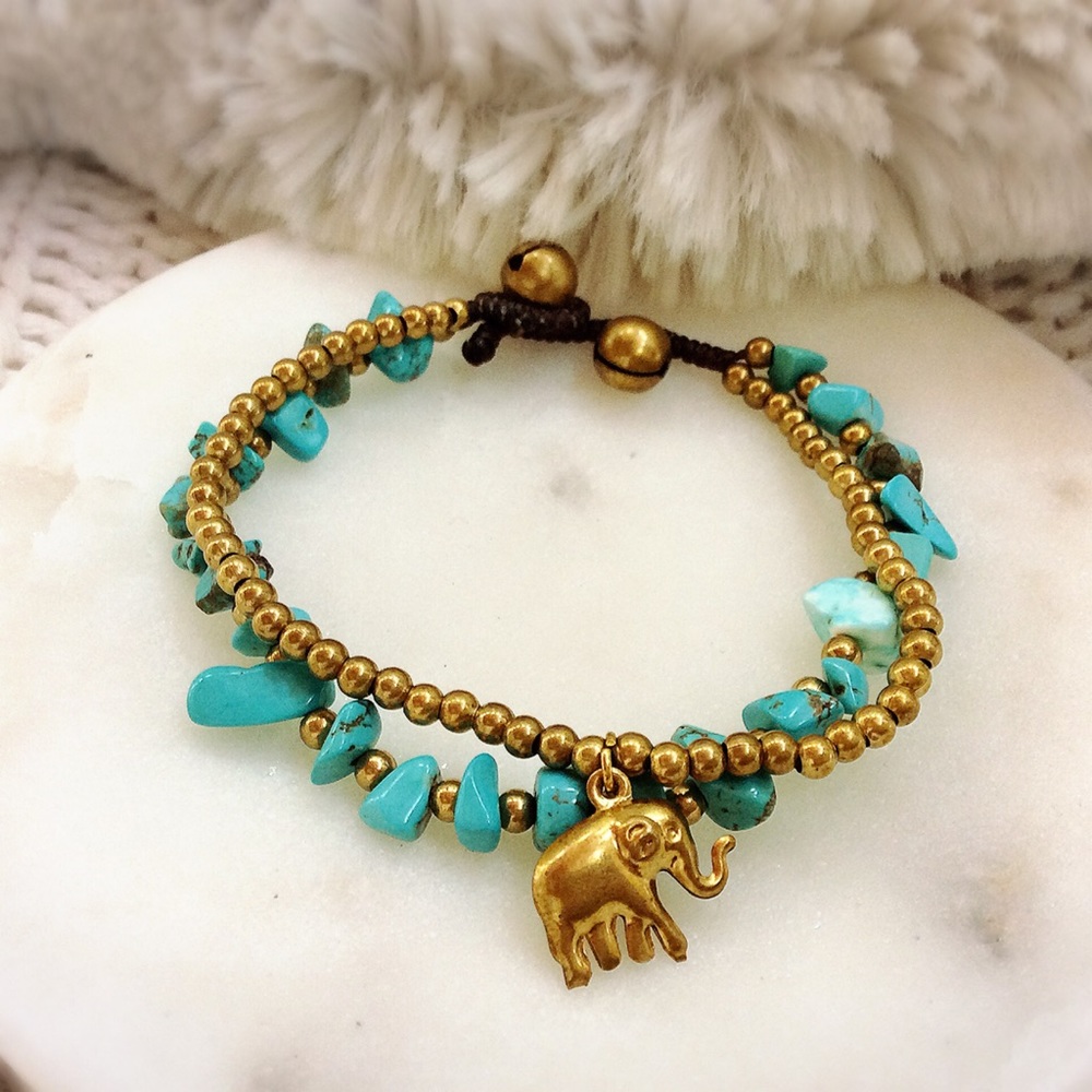 🐘 Elephant Turquoise & Brass Bracelet 🐘 - Picture 2 of 7